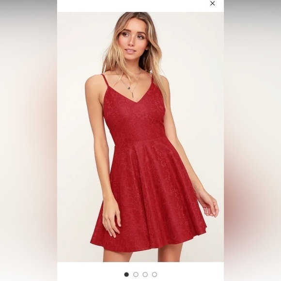 Lulus Way with Words Berry Red Floral Lace Skater Dress Full Skirt Fitted Waist - Picture 2 of 14